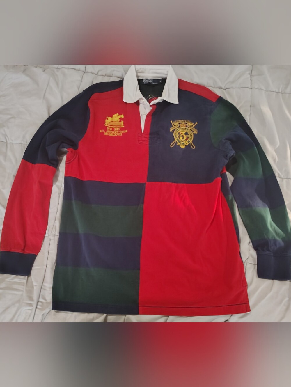 Polo Ralph Lauren Mens Size Medium Jockey Club Patchwork Rugby Shirt Big V Crest
